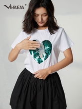Verlena Short Sleeve DIY Color Changing Sequins Heart Pattern Women T-Shirt  O-Neck Cotton Summer White T Shirt Tops 2019 Tees 2024 - buy cheap