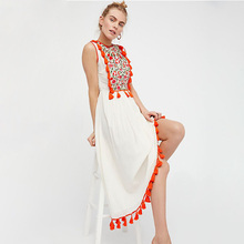 Elegant kiara Maxi Dress Women Summer Sleeveless O neck Embroidery Tassel Dress Ladies Boho Hippie Beach White Long Dress 2018 2024 - buy cheap