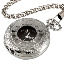 Винтажные карманные часы серебристого цвета, полые круглые часы, чехол с римскими цифрами, черный циферблат, кварцевые карманные часы, ожерелье, цепочка, подарки 2024 - купить недорого