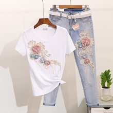 Amolapha Women Beaded 3D Flower Tshirts Jeans Sets Woman Casual Short Sleeve Tshirt Tee+Holes Ankel Length Pants 2PCS Suits 2024 - buy cheap