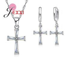 Fast Shipping CZ Crystal  925 Sterling Silver Women Jewelry Sets Cross Design Good Necklace & Earrings For Christian 2024 - buy cheap