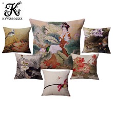 Chinese Retro Painting Style Classical Girl Lotus Cushion Covers Office Car Sofa Chair Home Decoration Cushion Cover Pillow Case 2024 - buy cheap