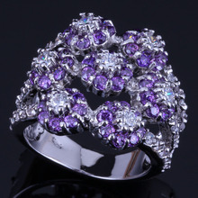 Anillo de Plata de Ley 925 circonita cúbica púrpura flor grande impecable para mujer V0549 2024 - compra barato