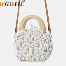 HIGHREAL 2019 Woman Fashion Wooden Handle Rattan Knit Bag Camel white New Straw Bag Shoulder Messenger Bag Drop Shipping 2024 - buy cheap