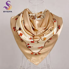 [BYSIFA] Women Shawls Foulard Femme 2019 New Khaki Satin Silk Scarf Fall Floral Design Square Female Scarves Sjaal Bandana 2024 - buy cheap