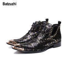 Batzuzhi-zapatos italianos de cuero negro para hombre, botas de fiesta con cordones y remaches, punta de Metal puntiaguda 2024 - compra barato