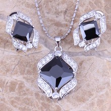 Exclusive Black Cubic Zirconia White CZ Silver Plated Earrings Pendant Necklace Jewelry Sets S0758 2024 - buy cheap