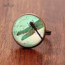 SUTEYI Vintage Dragonfly Print Pattern Glass Ring  18mm Glass Dome Antique Bronze Copper Rings Christmas Gift Jewellery 2024 - buy cheap
