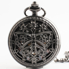 Relógio de bolso mecânico, retrô, preto, hollowed, borboleta, mostrador romano, esqueleto, masculino, atacado 2024 - compre barato
