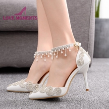 White Pointed Toe Woman Wedding Dress Shoes 3 1/2 Inches High Heel Summer Sandals Thin Heel Ankle Straps Banquet Party Pumps 2024 - buy cheap