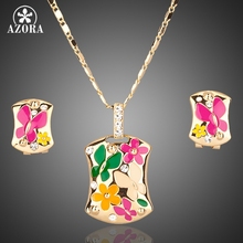 AZORA Gold Color Multicolour Flower Clip Earrings and Pendant Necklace Jewelry Sets TG0002 2024 - купить недорого