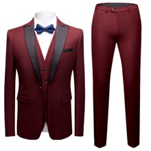 Blazer padrinho de noivado feito sob medida, terno masculino vermelho escuro com lapela preta (jaqueta + calça + colete + gravata) c485 2024 - compre barato