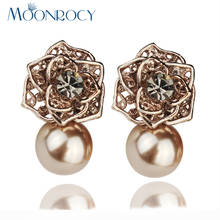 MOONROCY Free Shipping Crystal Earrings Fashion Rose gold Color Imitation pearl Flower earrings Vintage New for Women gift 2024 - buy cheap