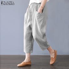 ZANZEA-pantalones bombachos de lino para mujer, pantalón Vintage con cintura elástica, estilo Palazzo, recortados, de gran tamaño, verano, 2021 2024 - compra barato