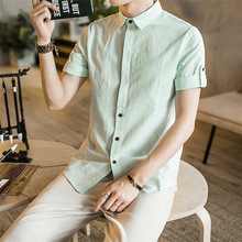 Camisa masculina de linho estilo chinês, camisa casual de manga curta com corte slim, roupa social para o verão, nova, 2019 2024 - compre barato