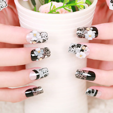 Unhas falsas brilhantes 3d de strass, unhas falsas para mulheres, cor preta, sexy, flor, beleza das unhas, simulação de pérola, pontas de arte de unhas com cola, 24 peças 2024 - compre barato