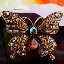 2" Vintage Butterfly Brooch Antique Gold Tone Rhinestone Crystal Diamante Jewelry Gift Pin for Mom 2024 - buy cheap
