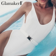 Glamaker Sexy white swimsuit one piece bodysuit Holiday elegant backless summer bodysuit Party beach v neck bodysuit swimwear 2024 - buy cheap