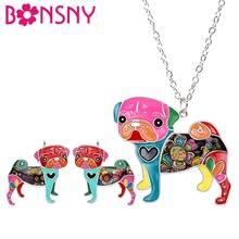 Bonsny Enamel Alloy French Bulldog Pug Dog Clip Earrings Necklace Collar Novelty Animal Jewelry Sets For Women Girls Gift Charms 2024 - buy cheap