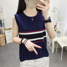 2019 ice silk knit camisole female summer short short bottoming shirt loose sexy fashion casual sleeveless striped shirt 2024 - buy cheap