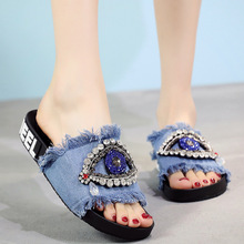 Sandálias de cristal grandes olhos das mulheres verão 5 cores denim dedo do pé aberto chinelos sapatos senhoras beading olhos decorar chinelos praia sapatos 2024 - compre barato