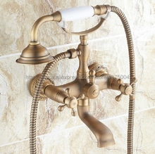 Dual Cross Handles Wall Mounted Antique Brass Bathroom Tub Faucet with Hand Held Shower Sprayer Ntf122 2024 - buy cheap