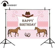 Allenjoy feliz aniversário pano de fundo fotografia cavalo rosa polka dot chapéu aniversário backdrops para photo studio fotografia photobooth 2024 - compre barato