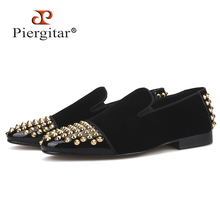 Piergitar 2019 Handmade men velvet shoes with front and rear gold spikes Italy style smoking slipper plus size men casual shoes 2024 - buy cheap