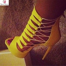 Sandalias de mujer con estilo de intención Original Peep Toe de Encaje amarillo Delgado tacones sandalias de verano Zapatos amarillos Mujer talla grande 4 -20 2024 - compra barato