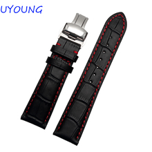 high quality genuine leather watchband 18 20 21 22mm mens black watch strap with butterfly buckle 2024 - buy cheap