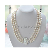 Wholesale Pearl Jewelry 3Row 23 Inches 9-12mm Rice White Freshwater Cultured Pearl Necklace Mabe Clasp - Handmade - XZN57 2024 - buy cheap