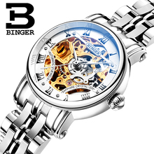 Relógio de pulso mecânico de esqueleto duplo, relógio feminino de luxo da suíça, marca binger, relógio de aço inoxidável de safira 2024 - compre barato