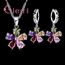 Big promotion Five Petaled Flowers Shinning Colorful CZ Crystal Pendant Jewelry Sets Gift  925 Sterling Silver Necklace Earrings 2024 - buy cheap