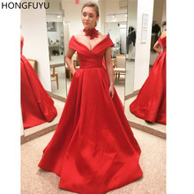 Hongfuyu 2021 cetim vermelho a linha vestidos de baile fora do ombro vestidos de festa vestido de noite longo vestidos de festa com bolsos 2024 - compre barato