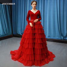 J66792 Jancember Red Prom Dress Wedding 2021 Party Cake Style A-Line Floor Length Long Sleeve Evening Gown 2024 - buy cheap