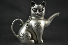 Elaborado chinês decoração artesanal antigo tibetano prata estátua gato sorte pote de chá 2024 - compre barato