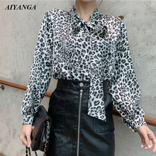New Leopard print Chiffon Blouses Women 2019 Spring Shirts Long Sleeve Blouses Fashion Lace Up Bow Casual Shirt Female Tops 2024 - buy cheap