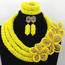 Trendy Yellow Nigerian Crystal Women Beads Jewelry Set African Wedding Bride Necklace Braid Flower For Brides Free Ship QW500 2024 - buy cheap