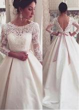 Мусульманское свадебное платье с открытой спиной, бальное платье с рукавом 3/4, атласное кружевное свадебное платье в стиле бохо, Дубай, арабское свадебное платье для невесты 2024 - купить недорого