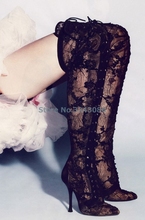 Pointed Toe Lace Flowers Cross Strap Over The Knee Long Boots Black Red Lace Stiletto Heel Sox boots See-through Sexy Shoes 2024 - buy cheap