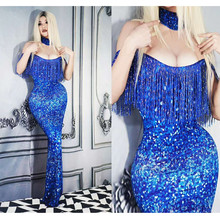 Vestido largo de fiesta con borlas y hombros descubiertos para mujer, vestido Sexy de noche con diamantes de imitación, traje de cantante para discoteca 2024 - compra barato