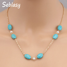Seblasy Bohemian Maxi Single Chain Gold Color Natural Stone Beads Simulated Pearl Necklaces & Pendants for Women Party Jewelry 2024 - buy cheap