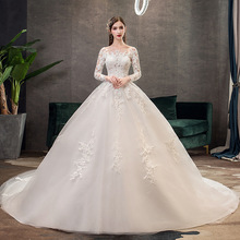 2022 New Classic Off White O Neck Long Sleeve Wedding Dress Simple Lace Embroidery With Train Custom Made Slim Bridal Gown L 2024 - buy cheap