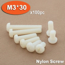 Cabeçote de nylon branco com parafuso phillips, 100 peças, din7985 m3 x 30, parafusos de cabeça de queijo levantado em cruz 2024 - compre barato