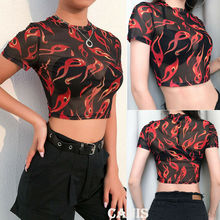 Camiseta de malla transparente para mujer, Top corto de manga corta con estampado de llama de diseño único, ropa Sexy, elegante 2024 - compra barato
