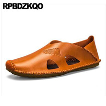 Shoes 2021 Brown Men Sandals Leather Summer Closed Toe Sneakers Designer Slip On Fashion Open Italian Casual Runway Flat Beach 2024 - buy cheap