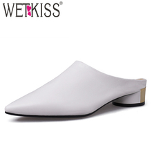 Wetkiss chinelos de couro genuíno mulher apontou toe calçado redondo sapatos de salto baixo slides mulher verão feminino mules sapatos mulher 2024 - compre barato