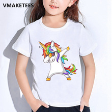 Детская летняя футболка для девочек и мальчиков Harajuku Dabbing единорог с мультяшным принтом детская футболка Повседневная Забавная детская одежда HKP2197 2024 - купить недорого
