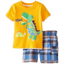 Модный костюм для мальчиков Dino, футболка и штаны для малышей, комплект из 100% хлопка, детская одежда, футболка, шорты, брюки в клетку, спортивные костюмы 2024 - купить недорого