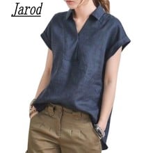 2018 New Women Casual Summer V-neck Cotton Linen Blouse short sleeves loose Shirt blusas fashion Plus Size 2024 - buy cheap